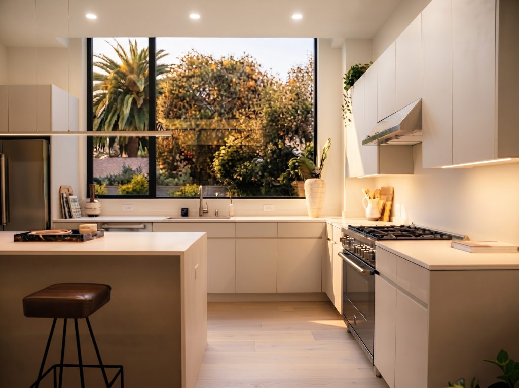 Warm white LED downlights installed in an Auckland kitchen.