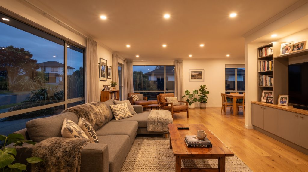 Modern Auckland living room with a recent LED downlight upgrade.